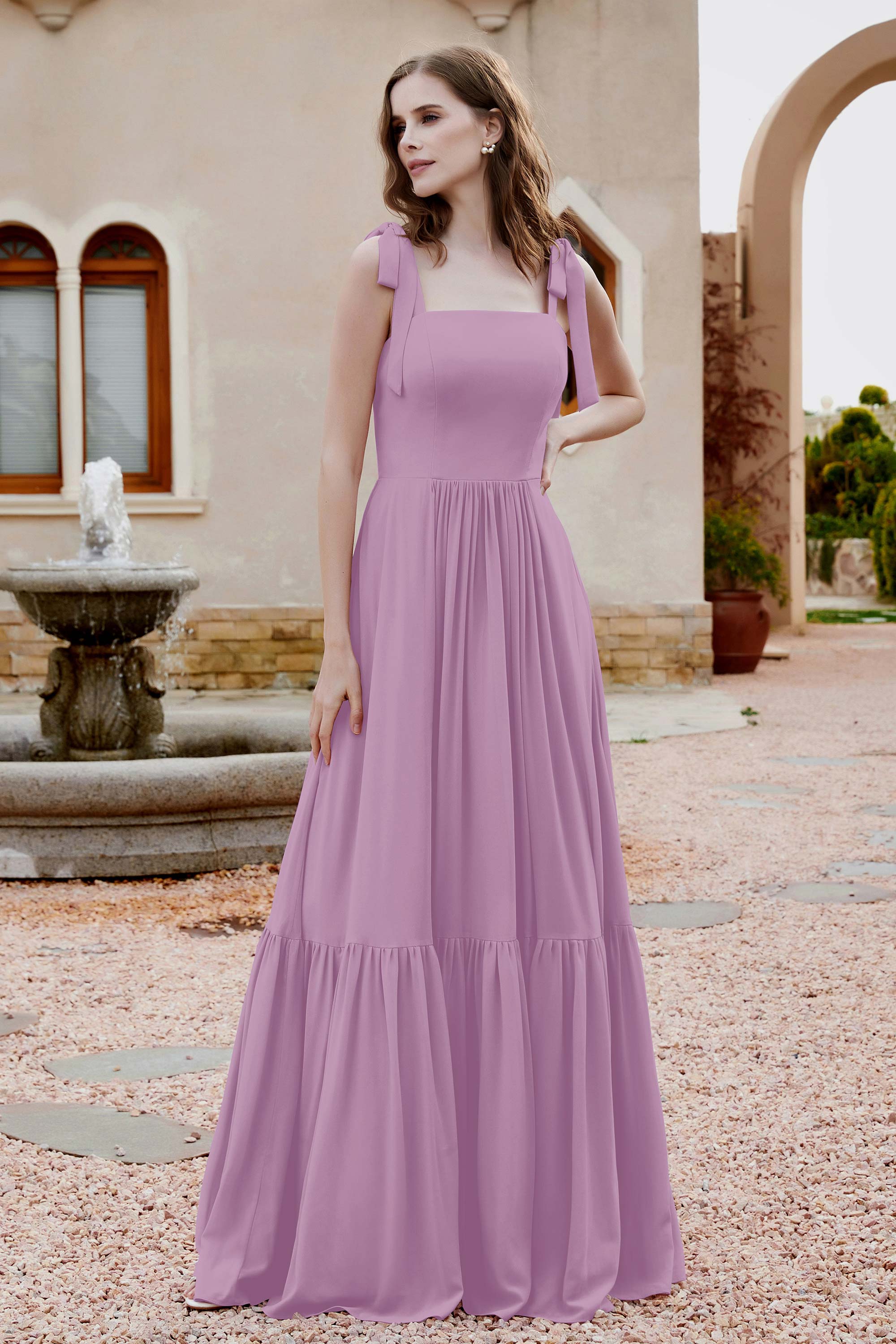 Square Sleeveless Chiffon Bridesmaid Dress Ruched Ruffles Formal Evening Dresses with Bow