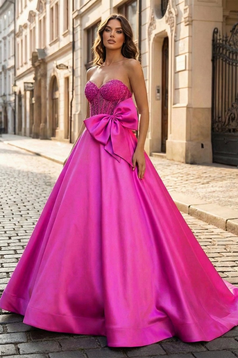 A-Line Sweetheart Lilac Beaded Long Prom Dresses With Bow