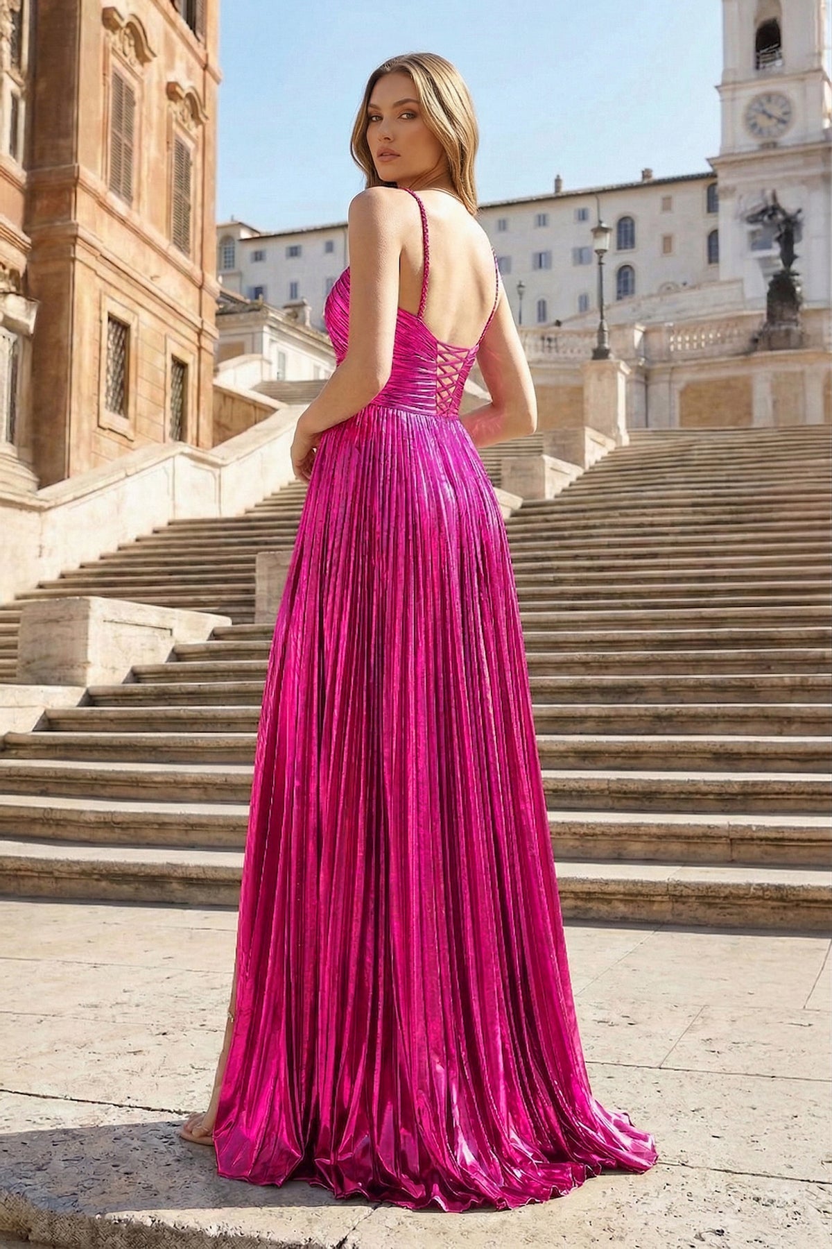 Metallic Keyhole Spaghetti Strap Long Prom Dress with Slit