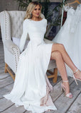 Long Sleeves A-Line Satin Open Back Wedding Dresses
