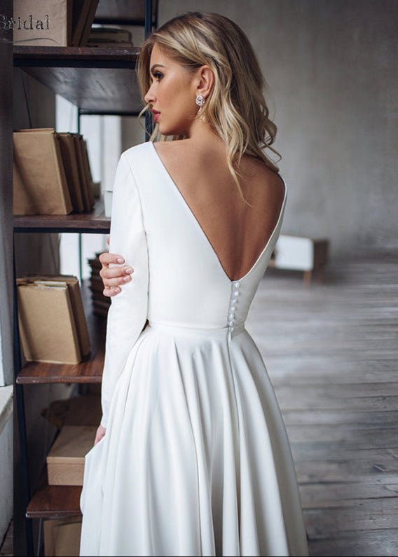 Long Sleeves A-Line Satin Open Back Wedding Dresses