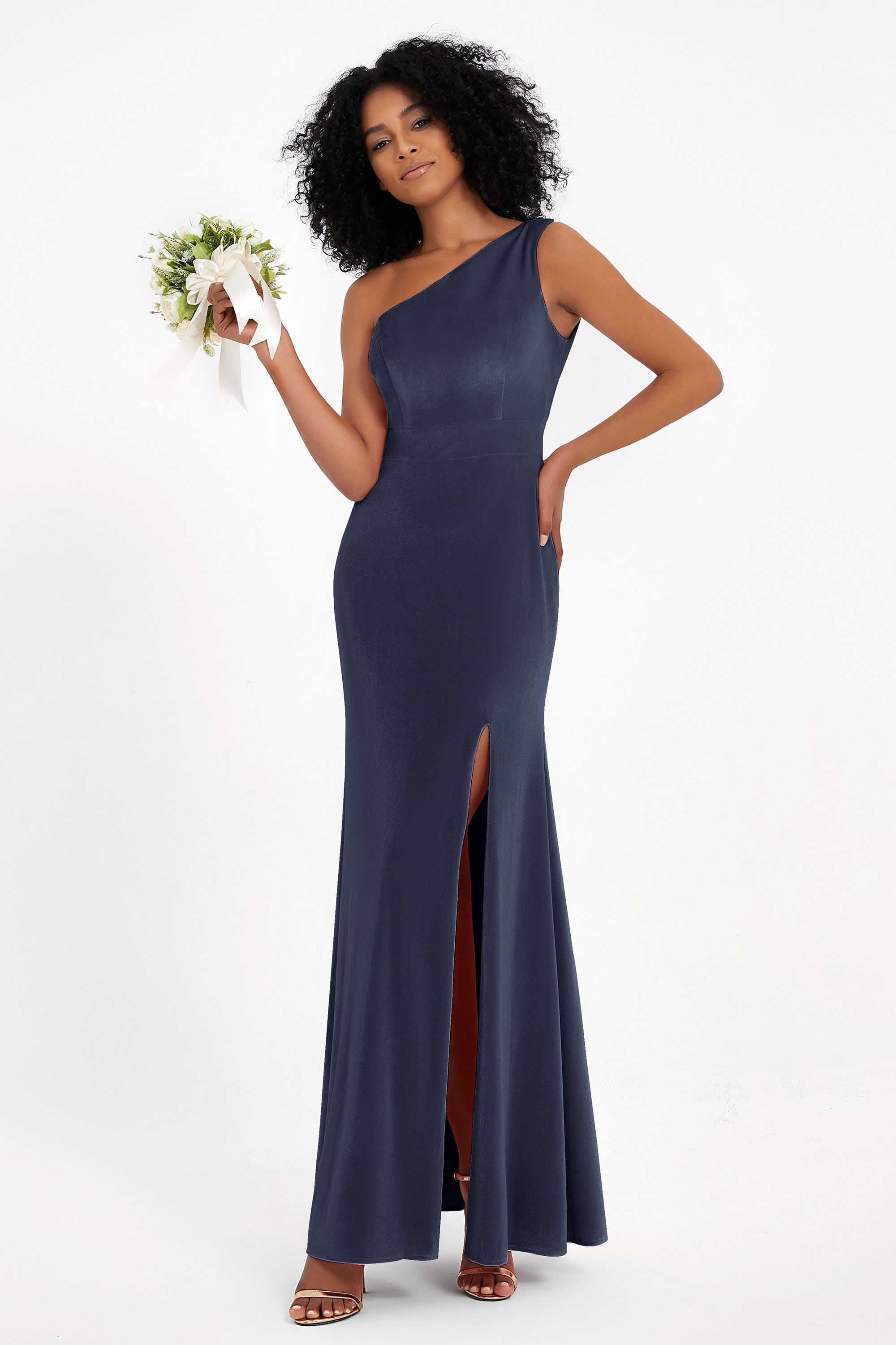One Shoulder Sheath Sexy Formal Evening Party Dresses with Slit Bridesmaid Dress Prom Gowns