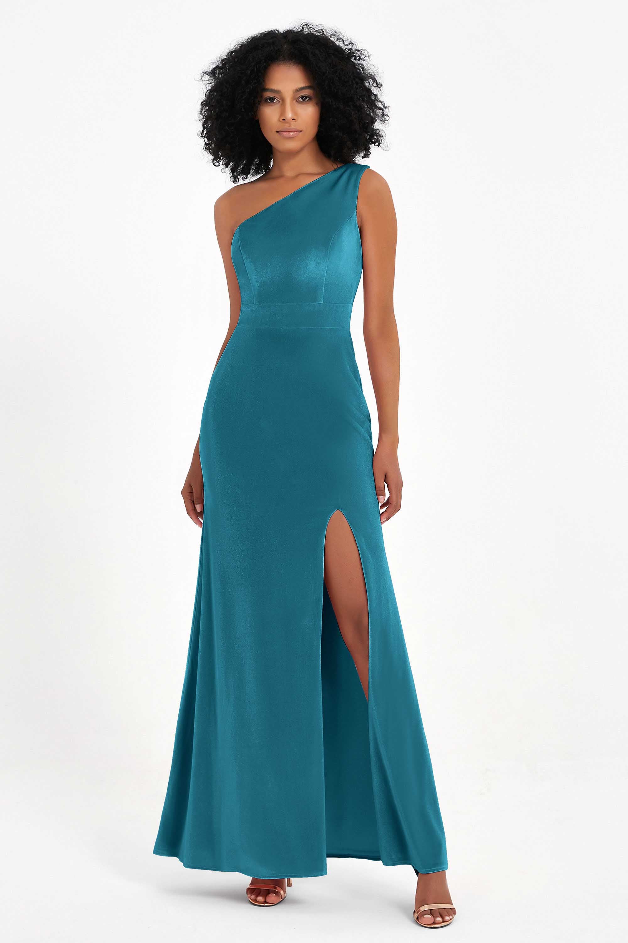 One Shoulder Sheath Sexy Formal Evening Party Dresses with Slit Bridesmaid Dress Prom Gowns