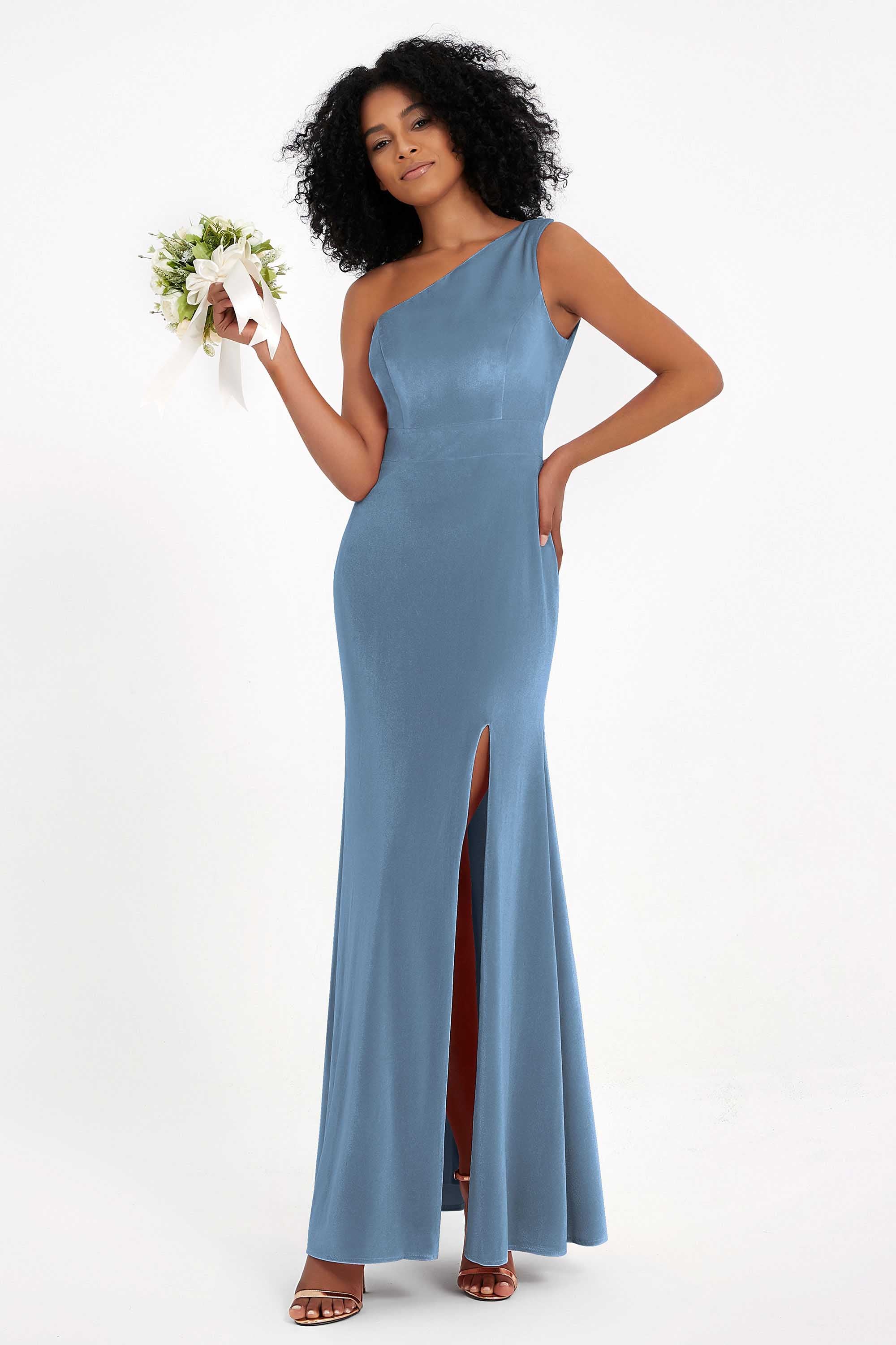 One Shoulder Sheath Sexy Formal Evening Party Dresses with Slit Bridesmaid Dress Prom Gowns