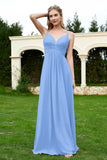 Spaghetti Straps Chiffon Bridesmaid Dress Pleated V Neck Formal Evening Dresses Gowns