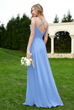 Spaghetti Straps Chiffon Bridesmaid Dress Pleated V Neck Formal Evening Dresses Gowns