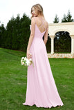 Spaghetti Straps Chiffon Bridesmaid Dress Pleated V Neck Formal Evening Dresses Gowns