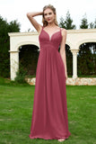 Spaghetti Straps Chiffon Bridesmaid Dress Pleated V Neck Formal Evening Dresses Gowns