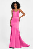 Spaghetti Straps V Neck Satin Formal Evening Dresses Mermaid Prom Party Gowns with Bowknot