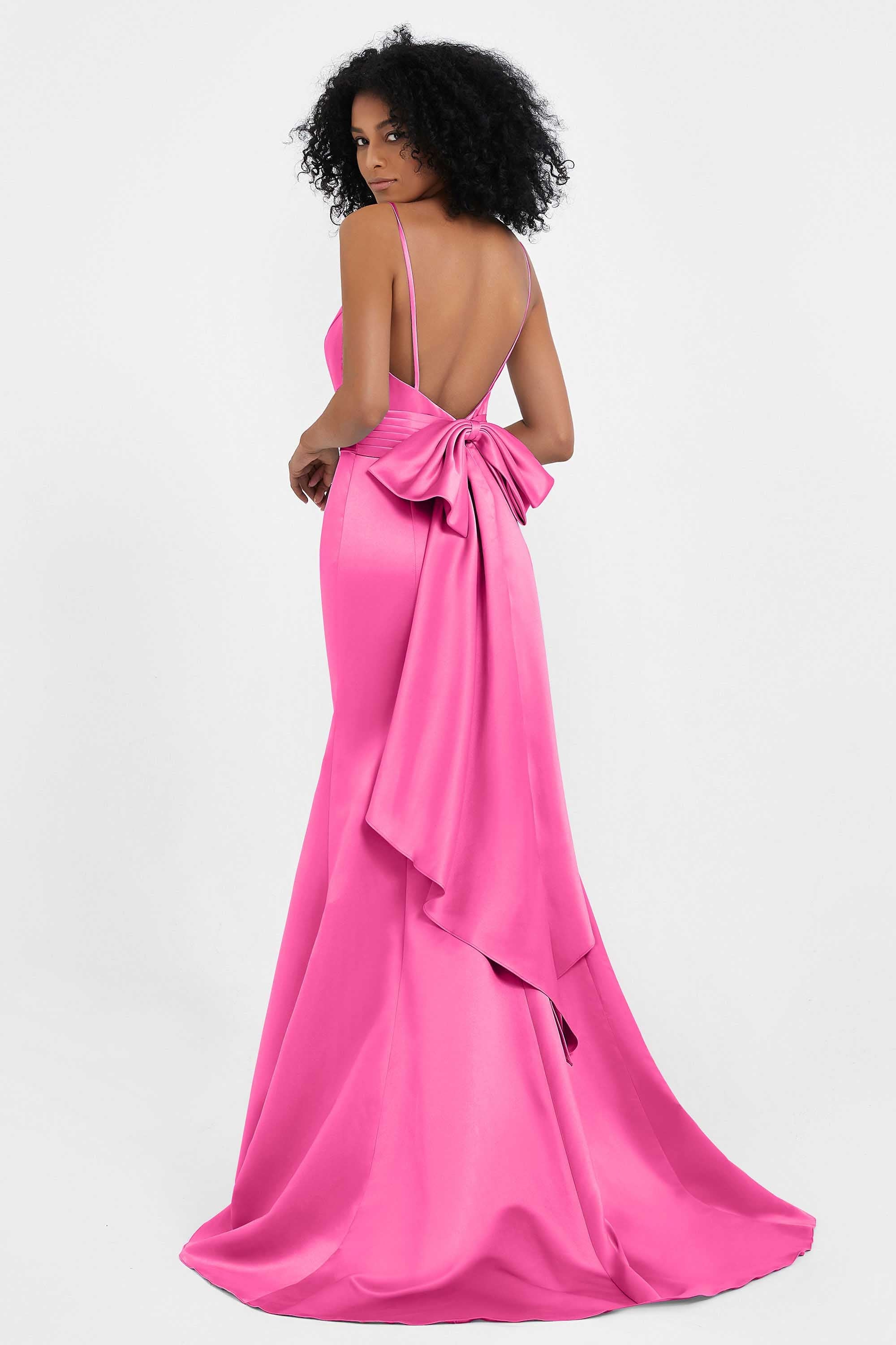 Spaghetti Straps V Neck Satin Formal Evening Dresses Mermaid Prom Party Gowns with Bowknot