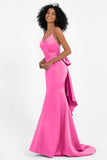 Spaghetti Straps V Neck Satin Formal Evening Dresses Mermaid Prom Party Gowns with Bowknot