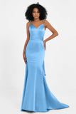 Spaghetti Straps V Neck Satin Formal Evening Dresses Mermaid Prom Party Gowns with Bowknot