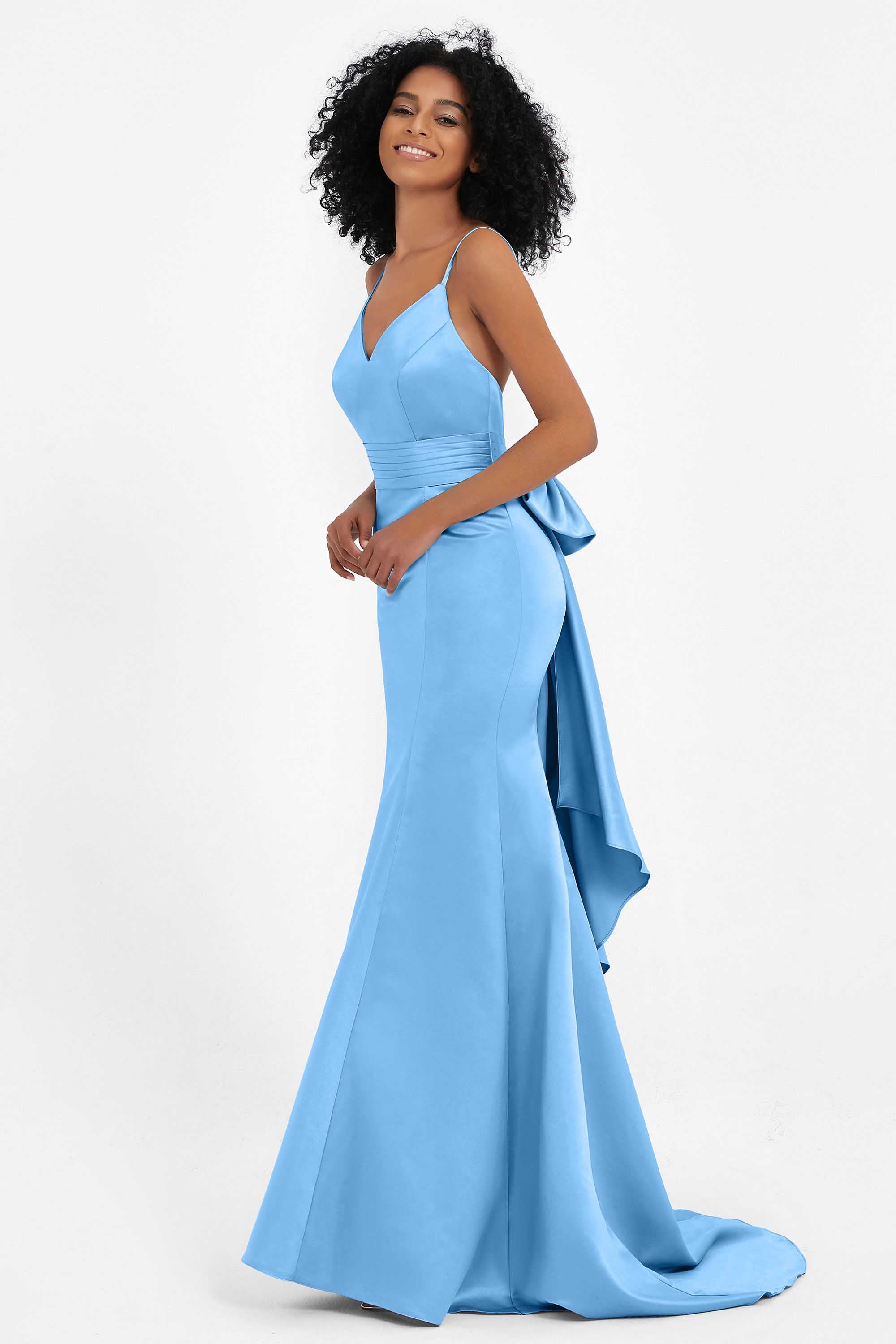 Spaghetti Straps V Neck Satin Formal Evening Dresses Mermaid Prom Party Gowns with Bowknot
