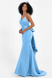 Spaghetti Straps V Neck Satin Formal Evening Dresses Mermaid Prom Party Gowns with Bowknot