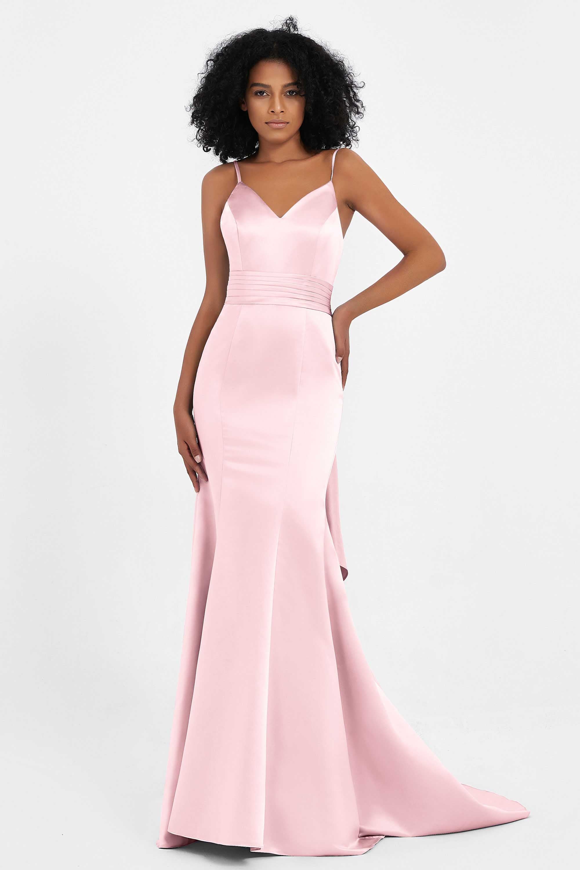 Spaghetti Straps V Neck Satin Formal Evening Dresses Mermaid Prom Party Gowns with Bowknot
