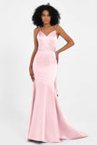 Spaghetti Straps V Neck Satin Formal Evening Dresses Mermaid Prom Party Gowns with Bowknot