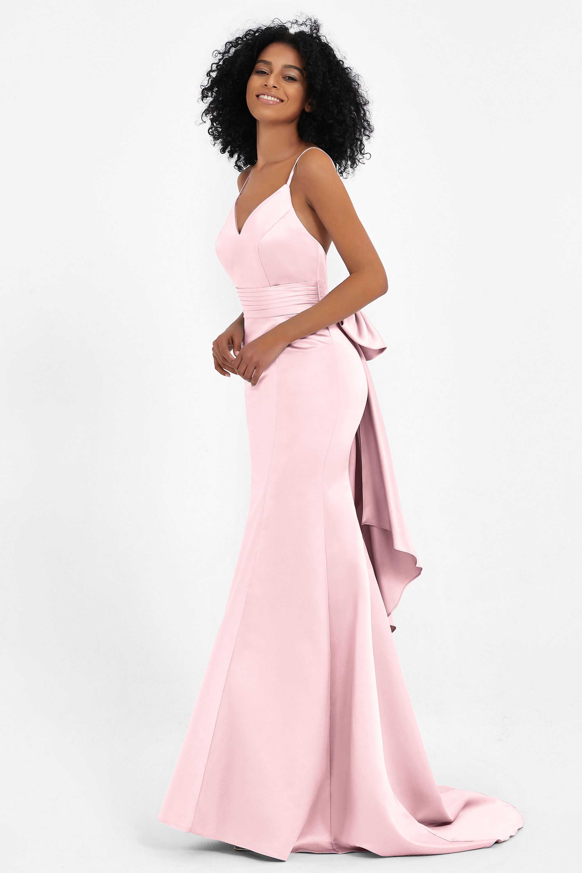 Spaghetti Straps V Neck Satin Formal Evening Dresses Mermaid Prom Party Gowns with Bowknot