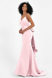 Spaghetti Straps V Neck Satin Formal Evening Dresses Mermaid Prom Party Gowns with Bowknot