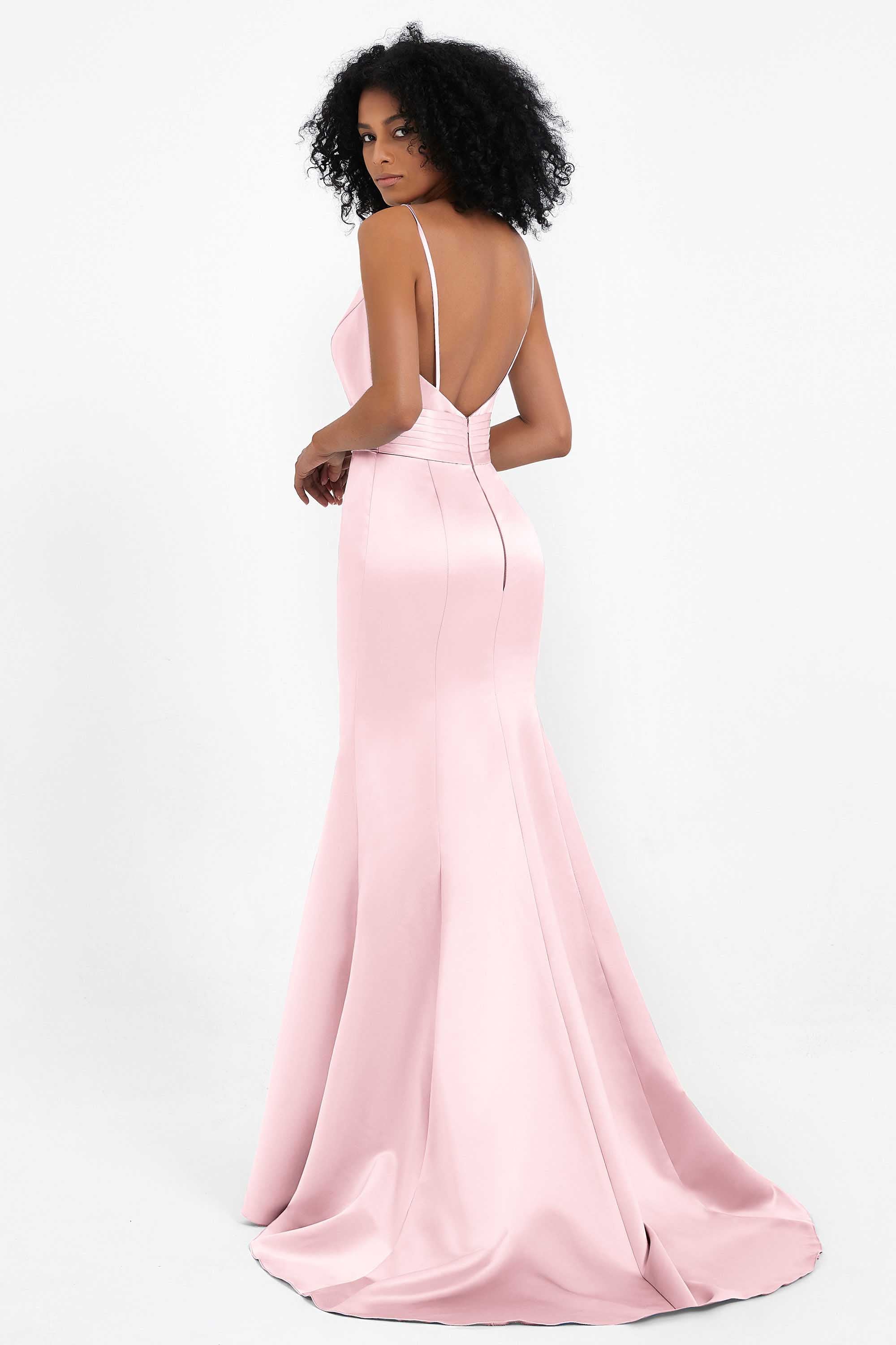 Spaghetti Straps V Neck Satin Formal Evening Dresses Mermaid Prom Party Gowns with Bowknot