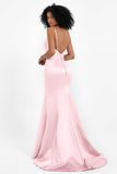 Spaghetti Straps V Neck Satin Formal Evening Dresses Mermaid Prom Party Gowns with Bowknot