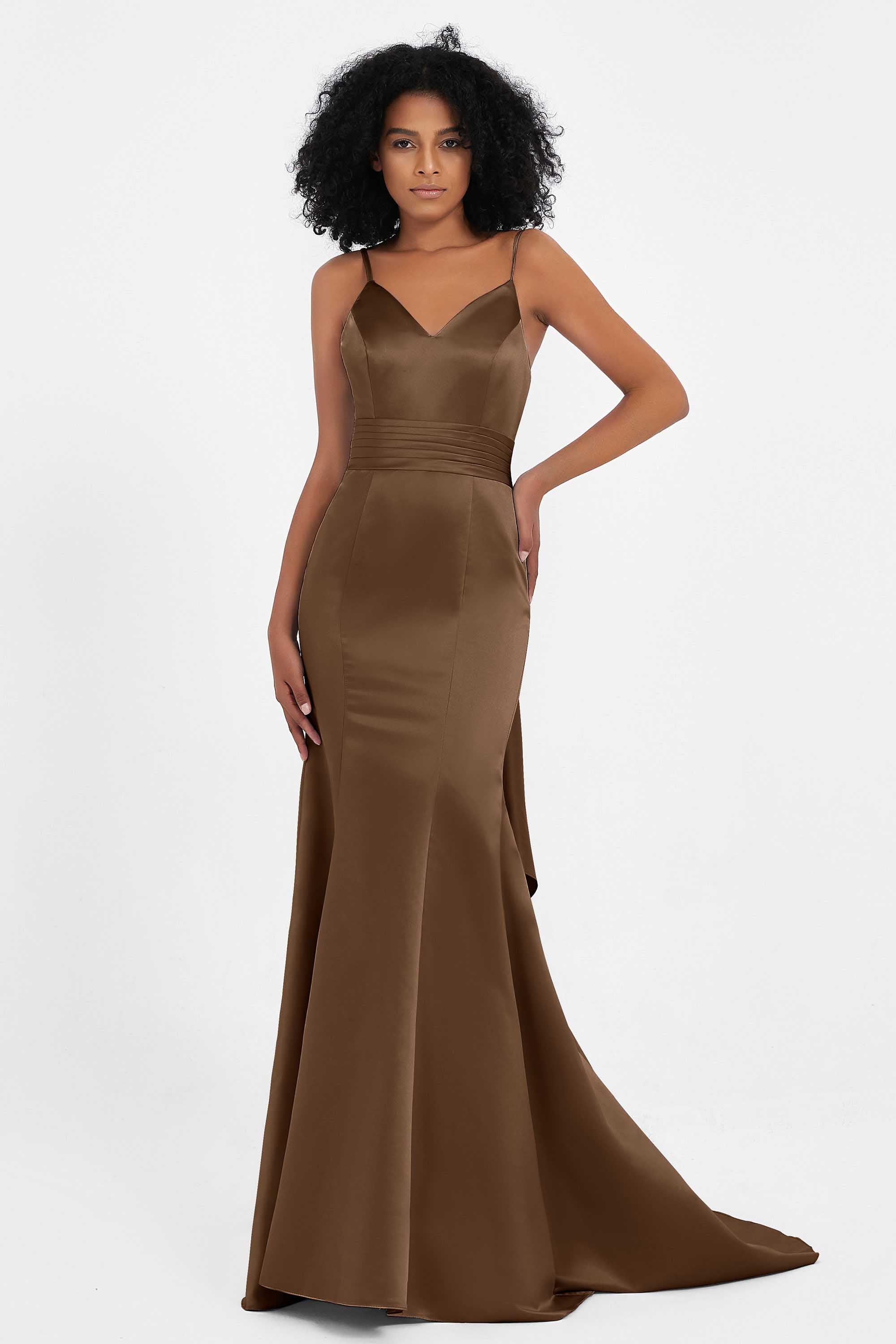 Spaghetti Straps V Neck Satin Formal Evening Dresses Mermaid Prom Party Gowns with Bowknot