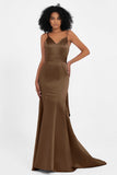 Spaghetti Straps V Neck Satin Formal Evening Dresses Mermaid Prom Party Gowns with Bowknot
