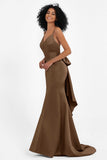Spaghetti Straps V Neck Satin Formal Evening Dresses Mermaid Prom Party Gowns with Bowknot