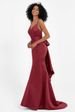Spaghetti Straps V Neck Satin Formal Evening Dresses Mermaid Prom Party Gowns with Bowknot