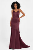 Spaghetti Straps V Neck Satin Formal Evening Dresses Mermaid Prom Party Gowns with Bowknot