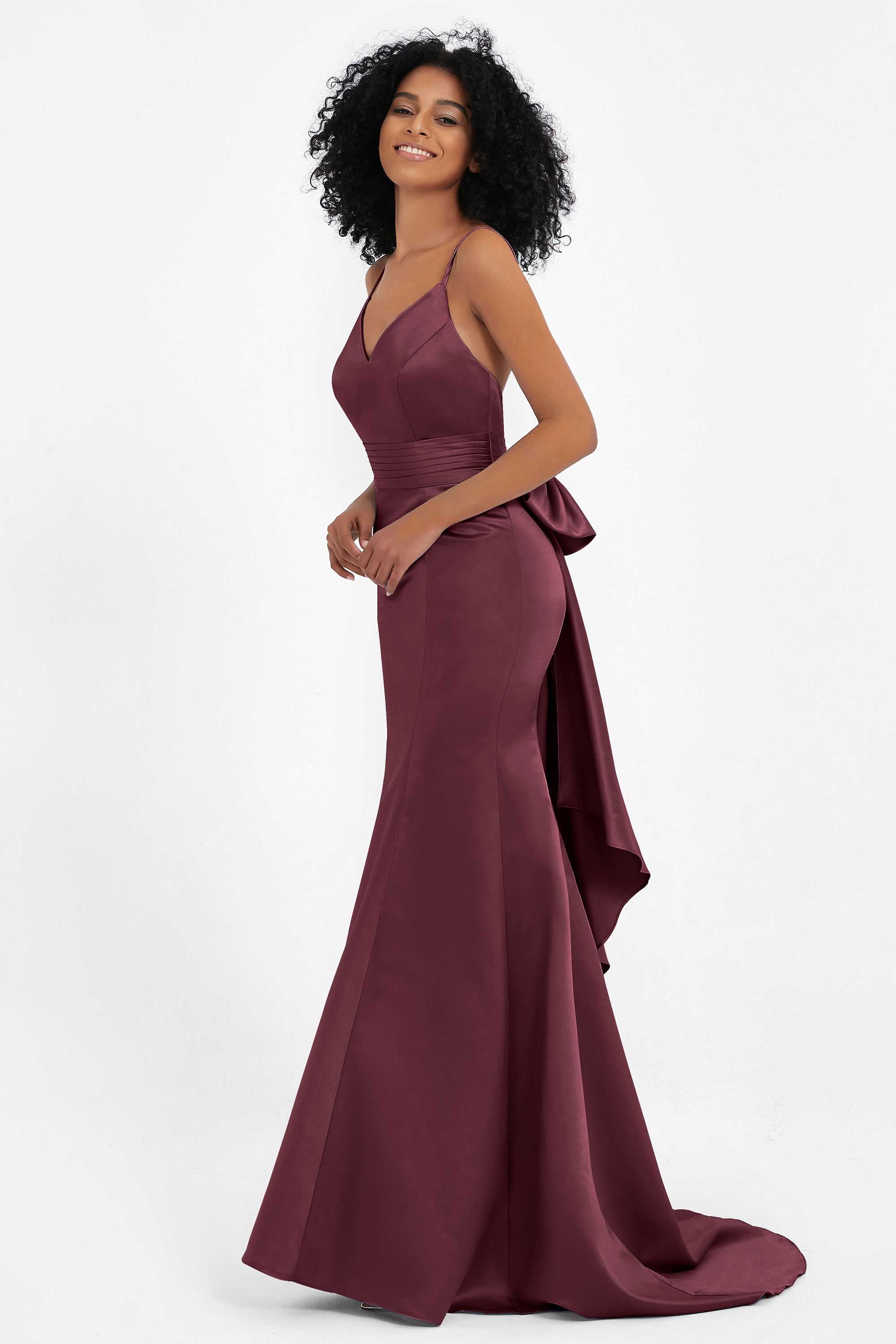 Spaghetti Straps V Neck Satin Formal Evening Dresses Mermaid Prom Party Gowns with Bowknot