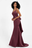 Spaghetti Straps V Neck Satin Formal Evening Dresses Mermaid Prom Party Gowns with Bowknot