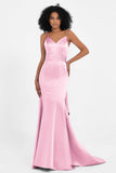 Spaghetti Straps V Neck Satin Formal Evening Dresses Mermaid Prom Party Gowns with Bowknot