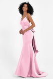 Spaghetti Straps V Neck Satin Formal Evening Dresses Mermaid Prom Party Gowns with Bowknot