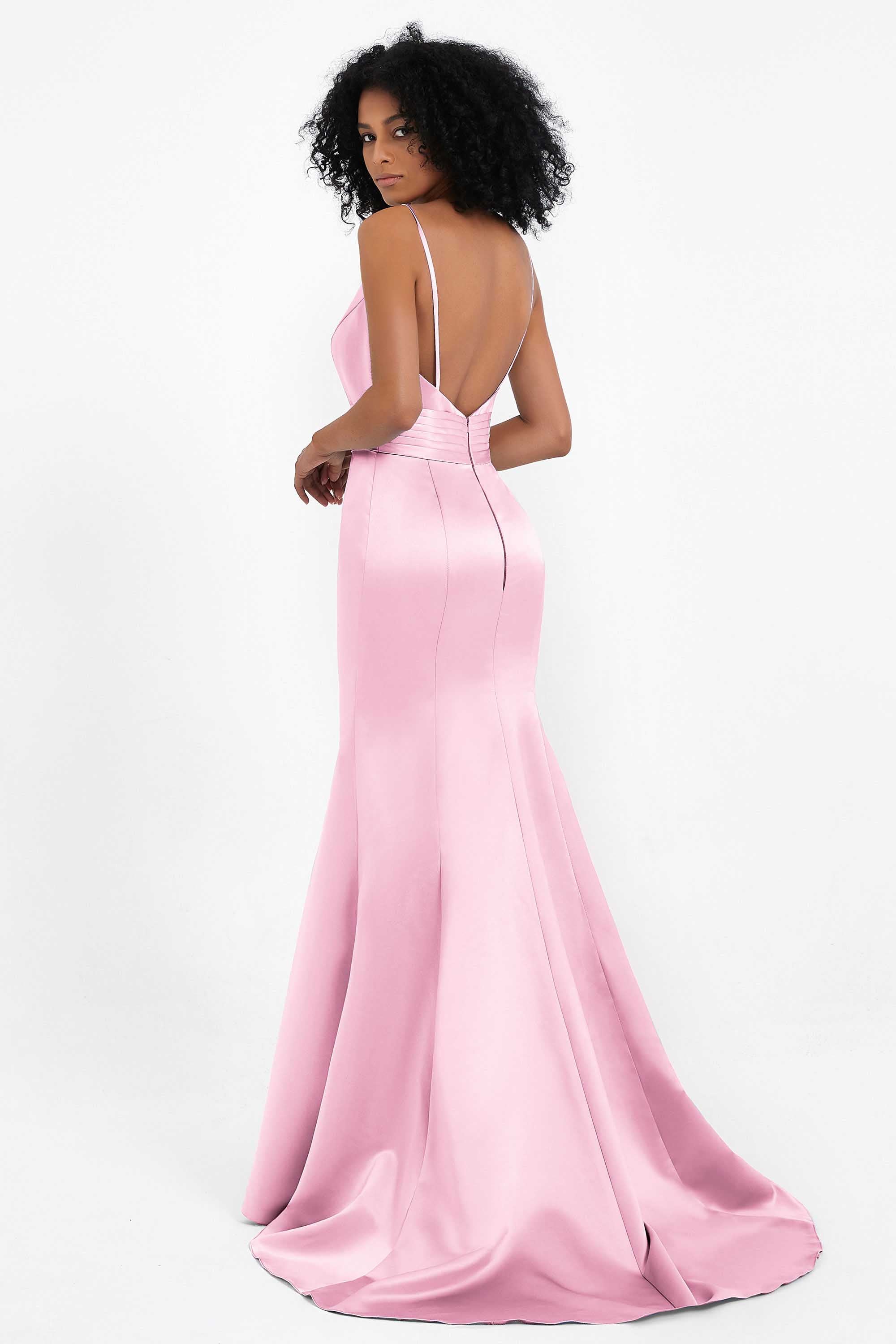 Spaghetti Straps V Neck Satin Formal Evening Dresses Mermaid Prom Party Gowns with Bowknot