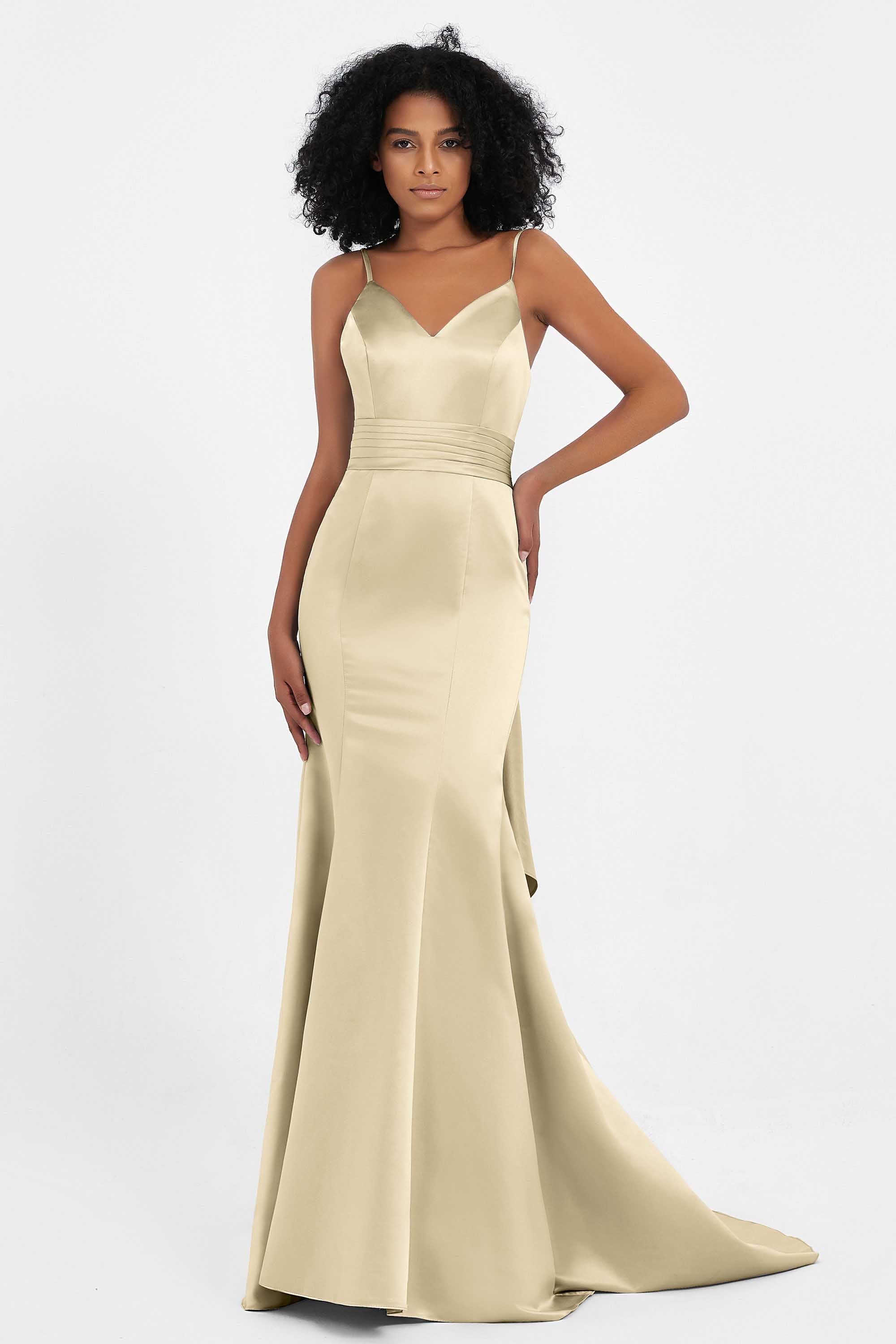Spaghetti Straps V Neck Satin Formal Evening Dresses Mermaid Prom Party Gowns with Bowknot