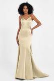 Spaghetti Straps V Neck Satin Formal Evening Dresses Mermaid Prom Party Gowns with Bowknot