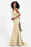 Spaghetti Straps V Neck Satin Formal Evening Dresses Mermaid Prom Party Gowns with Bowknot