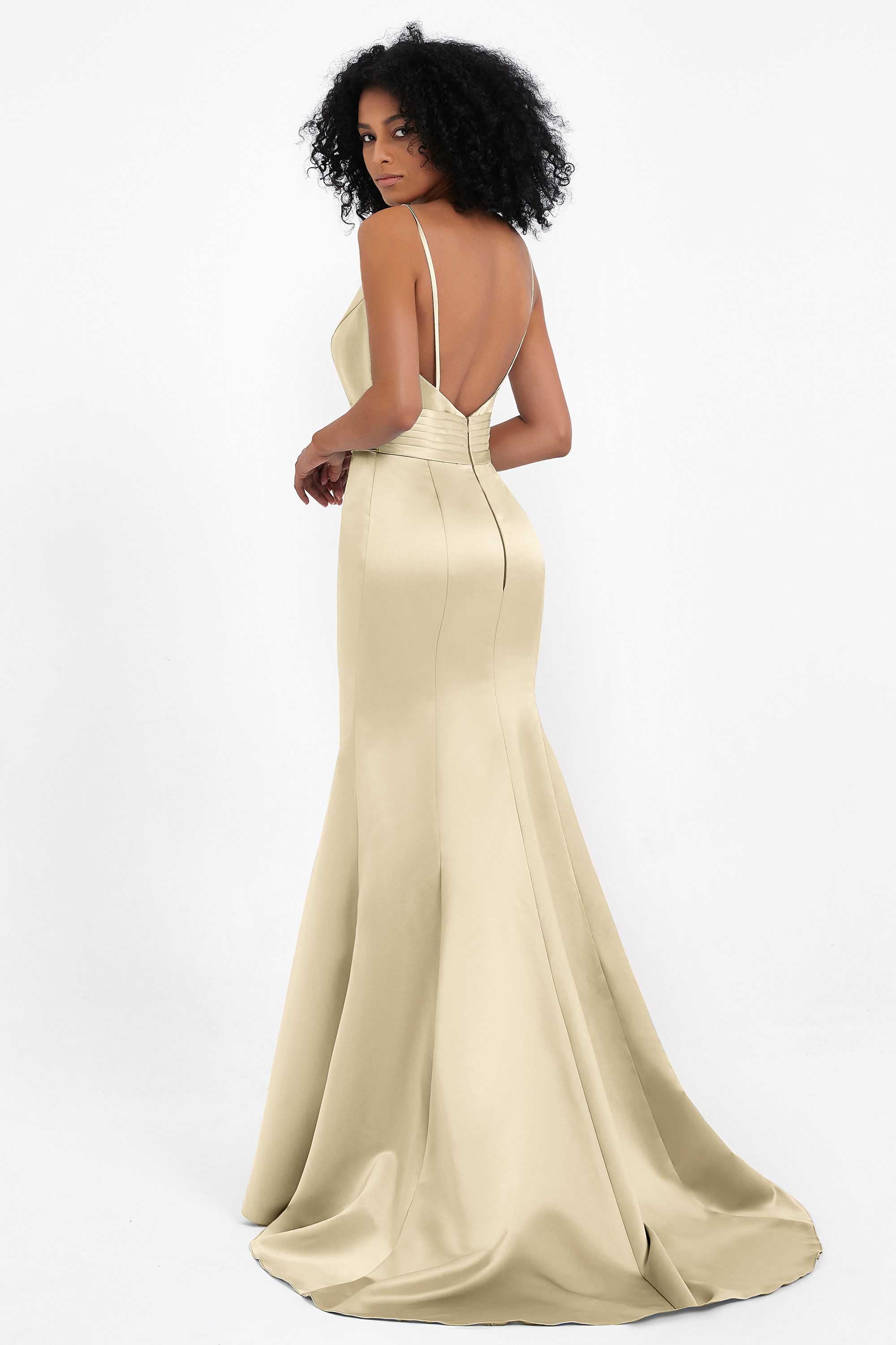 Spaghetti Straps V Neck Satin Formal Evening Dresses Mermaid Prom Party Gowns with Bowknot