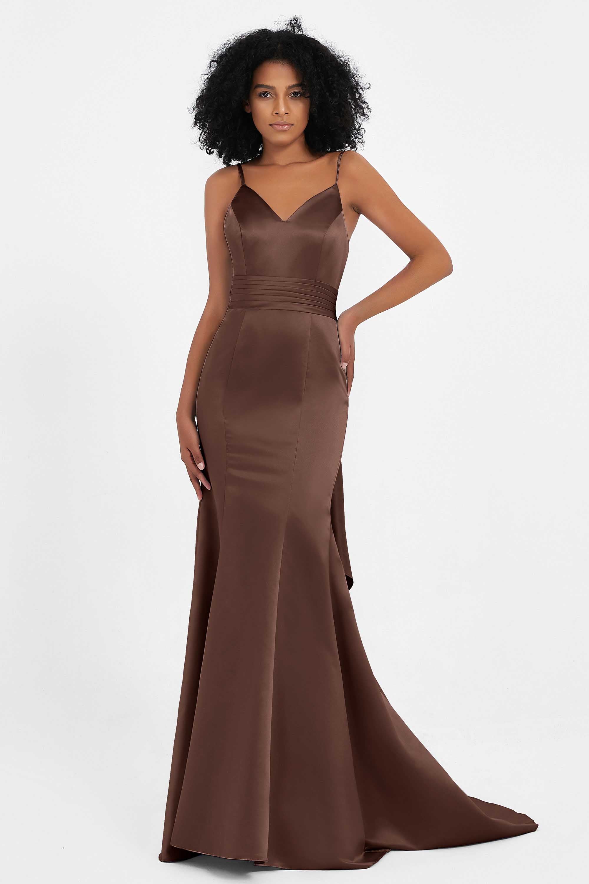 Spaghetti Straps V Neck Satin Formal Evening Dresses Mermaid Prom Party Gowns with Bowknot