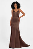 Spaghetti Straps V Neck Satin Formal Evening Dresses Mermaid Prom Party Gowns with Bowknot