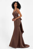Spaghetti Straps V Neck Satin Formal Evening Dresses Mermaid Prom Party Gowns with Bowknot