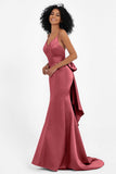 Spaghetti Straps V Neck Satin Formal Evening Dresses Mermaid Prom Party Gowns with Bowknot