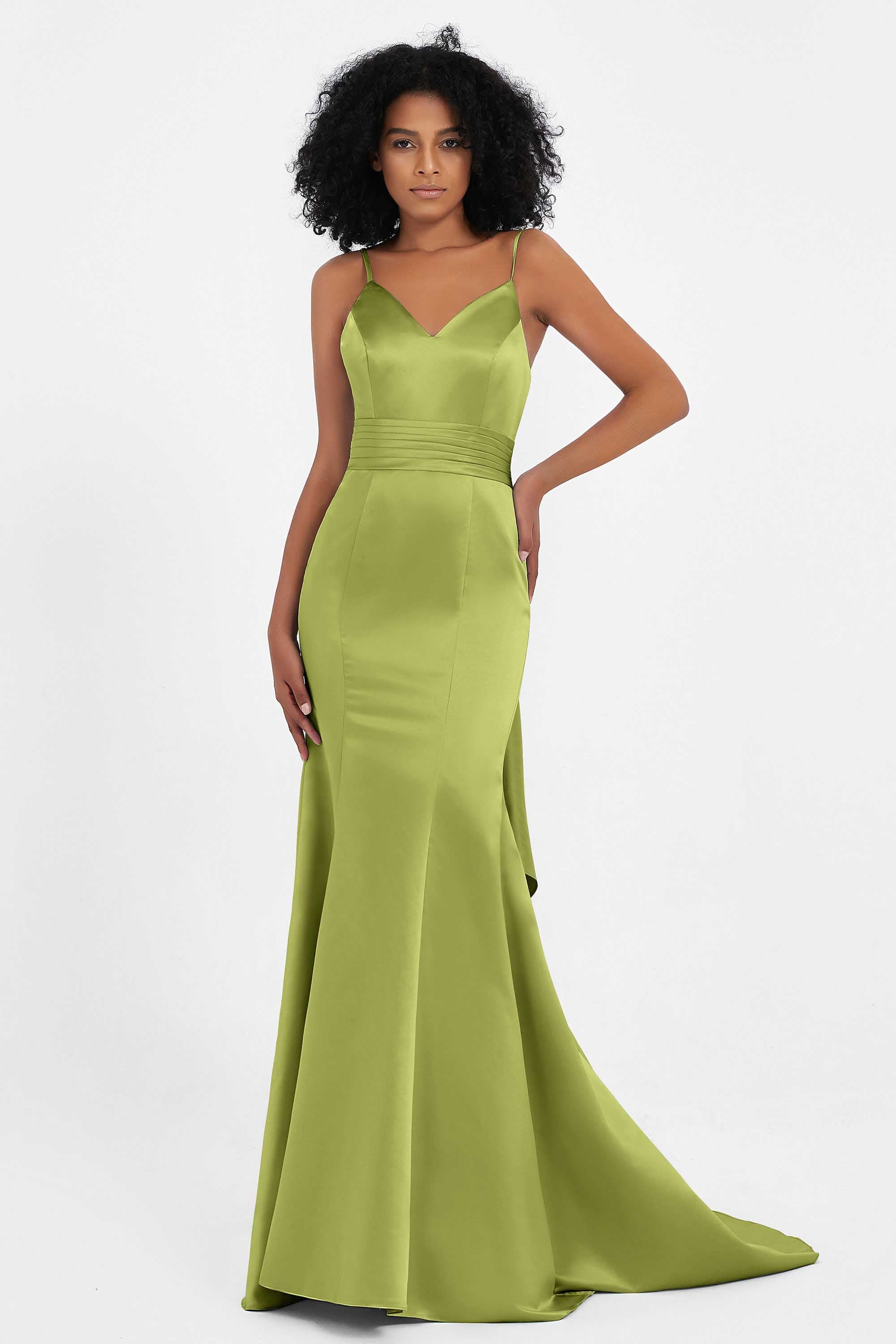 Spaghetti Straps V Neck Satin Formal Evening Dresses Mermaid Prom Party Gowns with Bowknot