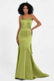Spaghetti Straps V Neck Satin Formal Evening Dresses Mermaid Prom Party Gowns with Bowknot