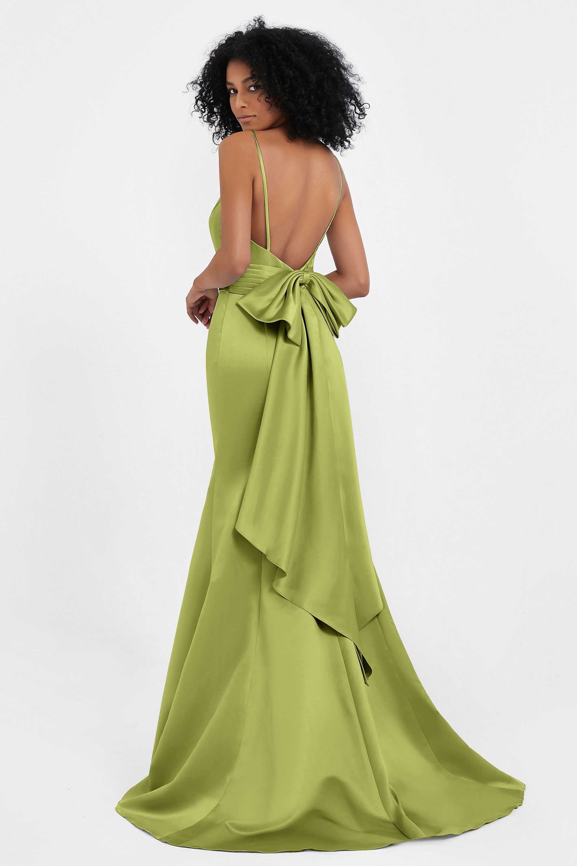 Spaghetti Straps V Neck Satin Formal Evening Dresses Mermaid Prom Party Gowns with Bowknot