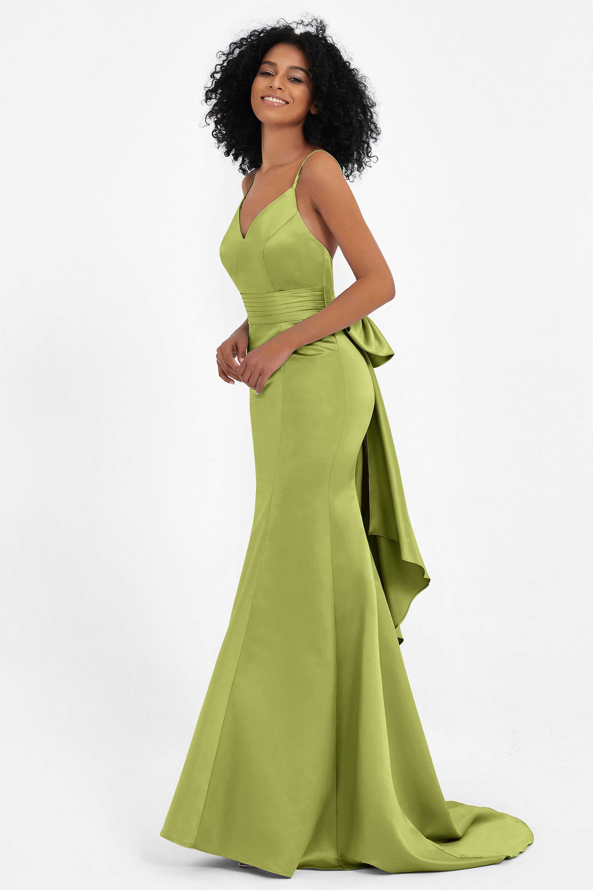 Spaghetti Straps V Neck Satin Formal Evening Dresses Mermaid Prom Party Gowns with Bowknot