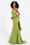 Spaghetti Straps V Neck Satin Formal Evening Dresses Mermaid Prom Party Gowns with Bowknot