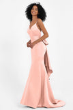 Spaghetti Straps V Neck Satin Formal Evening Dresses Mermaid Prom Party Gowns with Bowknot