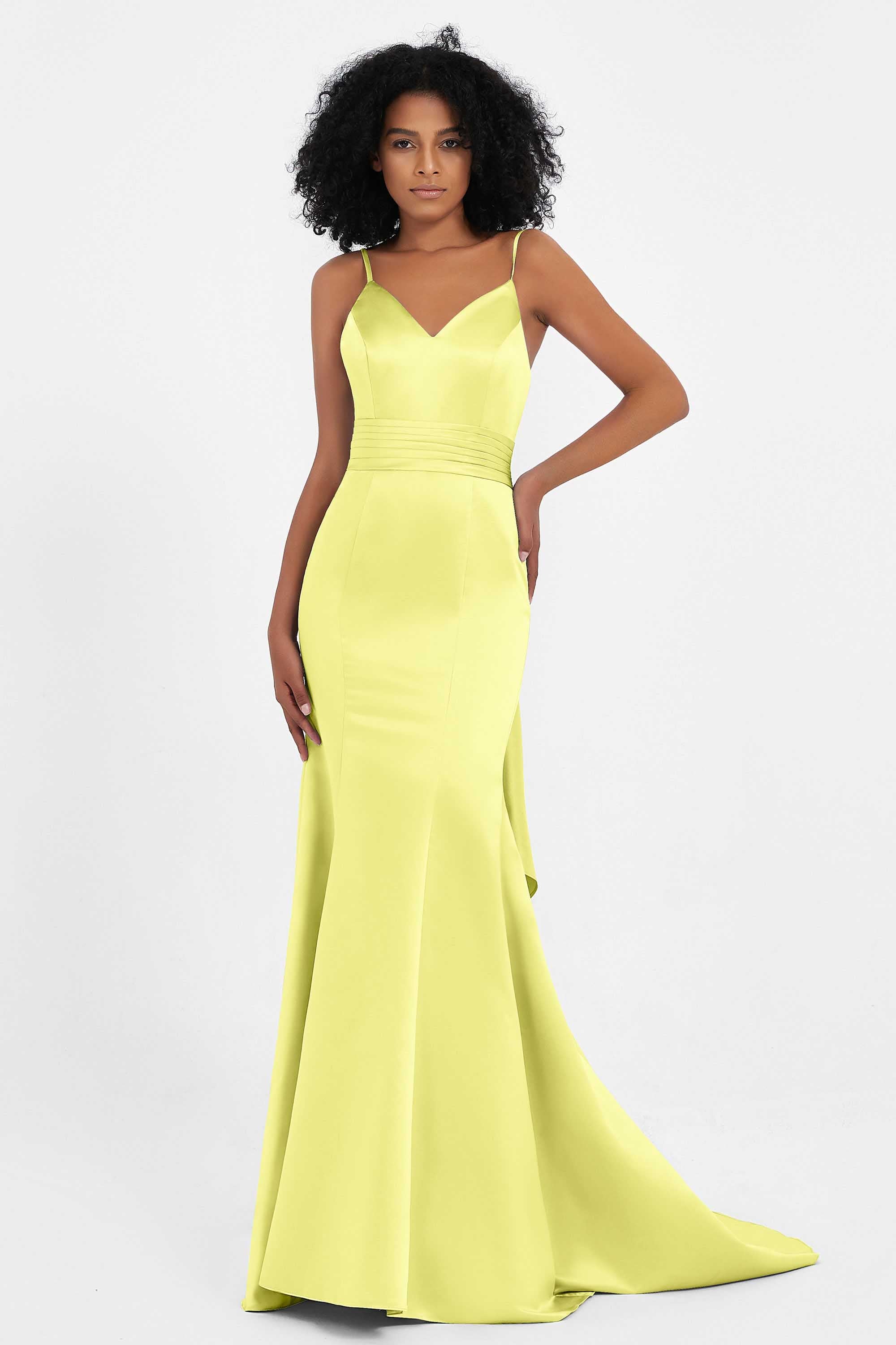 Spaghetti Straps V Neck Satin Formal Evening Dresses Mermaid Prom Party Gowns with Bowknot