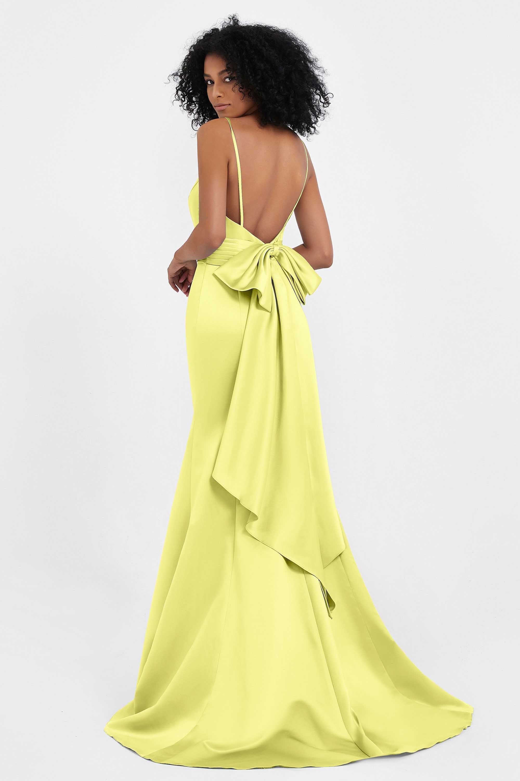 Spaghetti Straps V Neck Satin Formal Evening Dresses Mermaid Prom Party Gowns with Bowknot